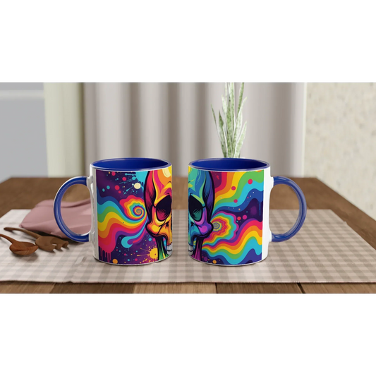 Colorful skull mugs from PixiOnyx’s Psychedelic Collection for a vibrant morning boost