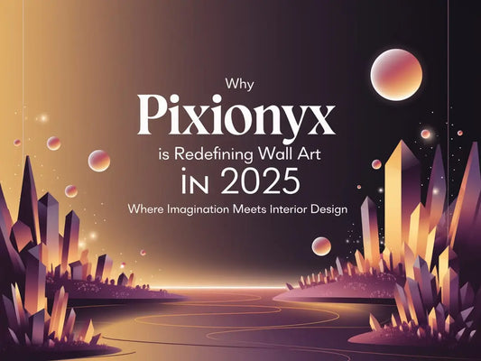 Promotional graphic for PixiOnyx wall art company featured in an interior design article