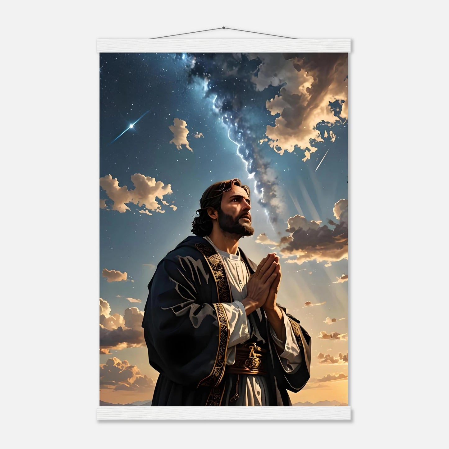 Hanging religious tapestry poster with Prayer to the Cosmos on PixiOnyx product display