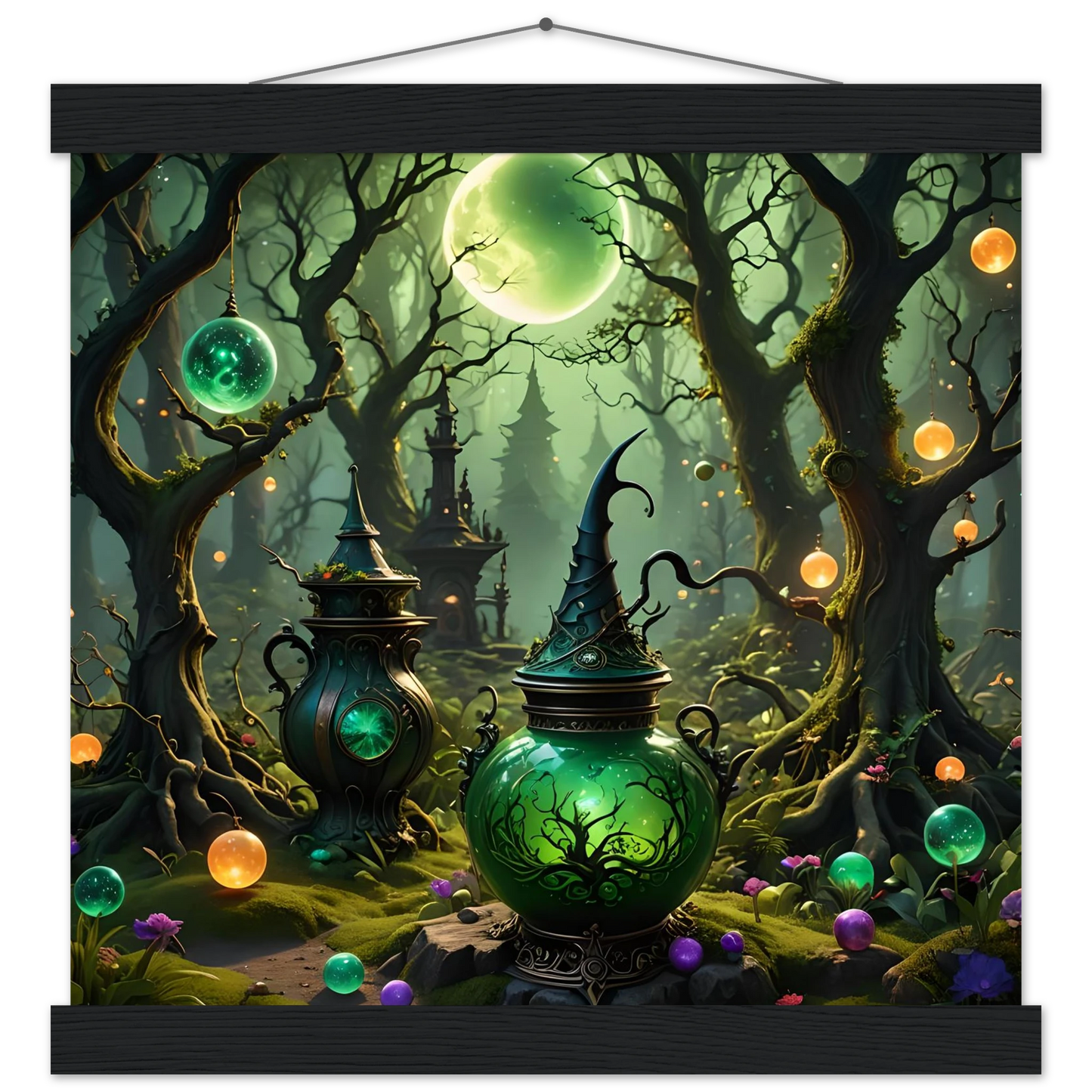 Enchanted green potion vessels displayed on Witchcraft Forest Hanging Poster in matte fantasy art style