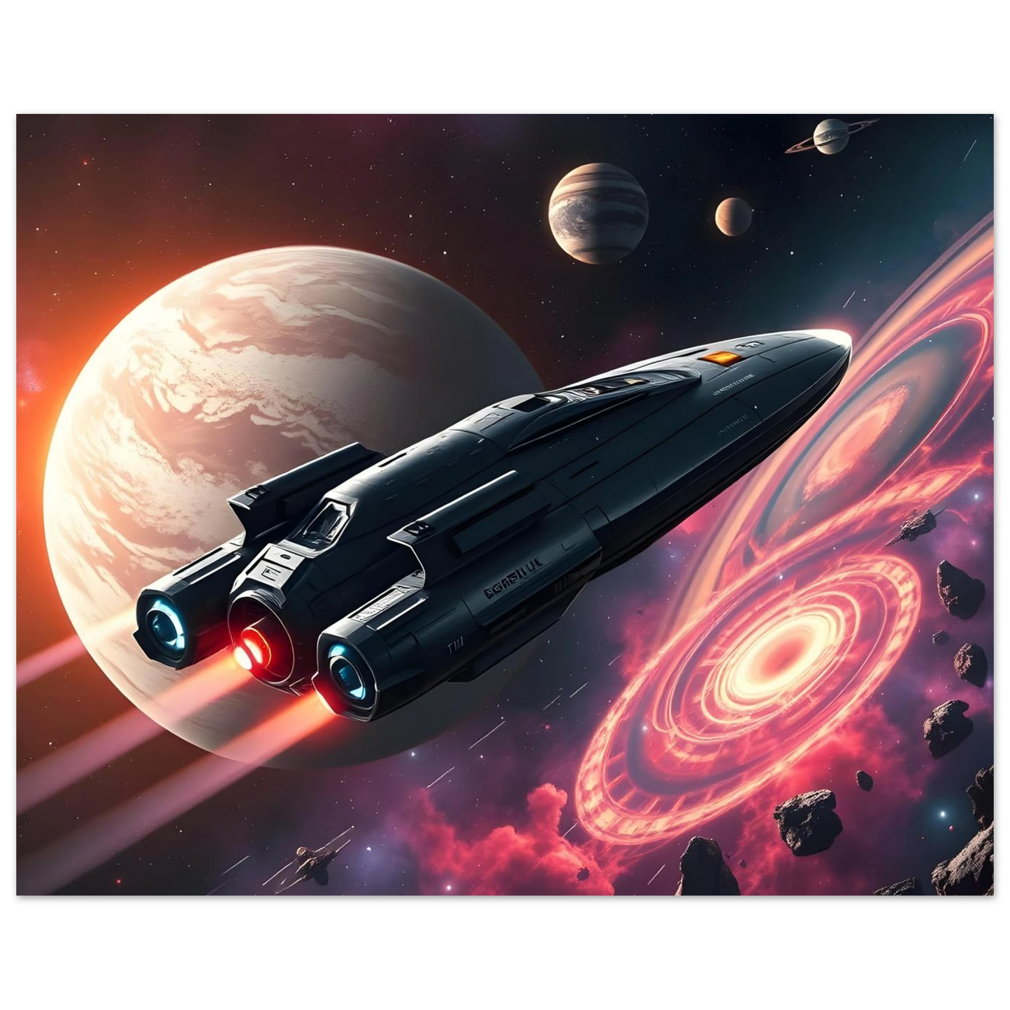 Sleek spaceship with glowing engines on Starship Voyager Fine Art Poster by PixiOnyx