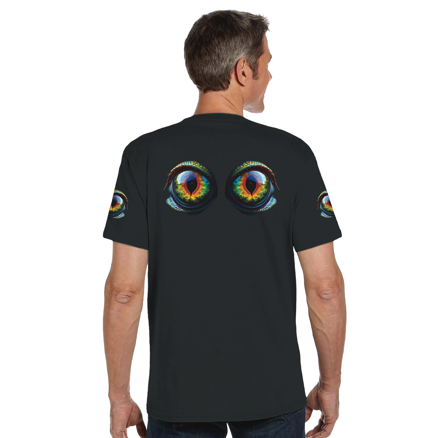 Black T-shirt with eye design from PixiOnyx Hypnotic Gaze Organic Unisex Crewneck