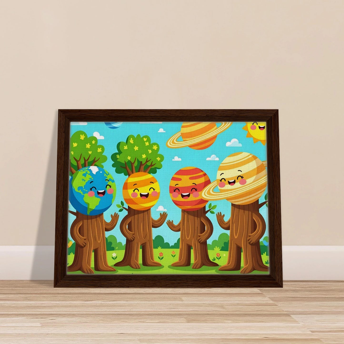 Framed cartoon planet characters from PixiOnyx Stellar Kids Art Cosmic Tree Friends art piece
