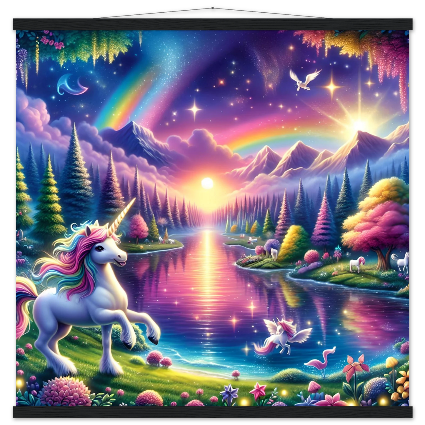 Fantasy unicorn landscape wall art featuring a hanging matte poster with magnetic frame