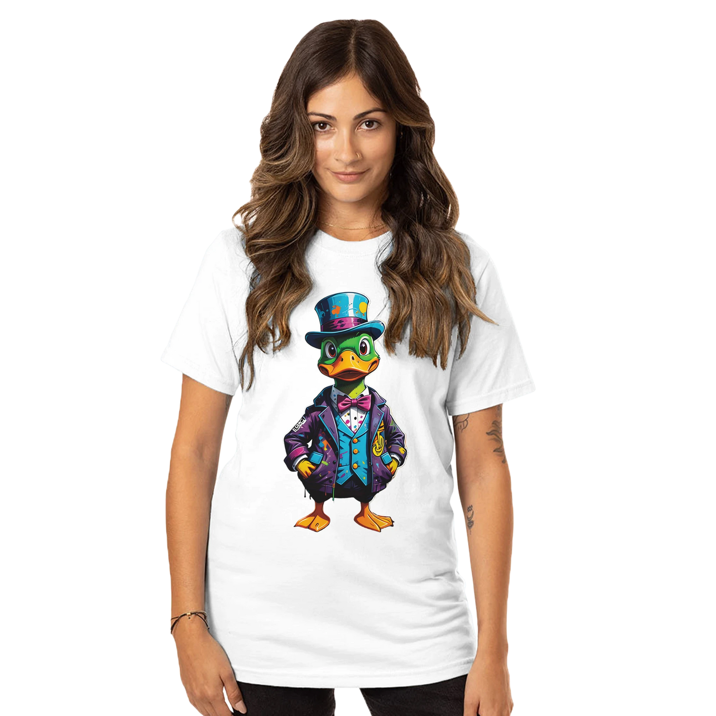 White unisex organic T-shirt featuring a cartoon duck design from PixiOnyx Urban Apparel