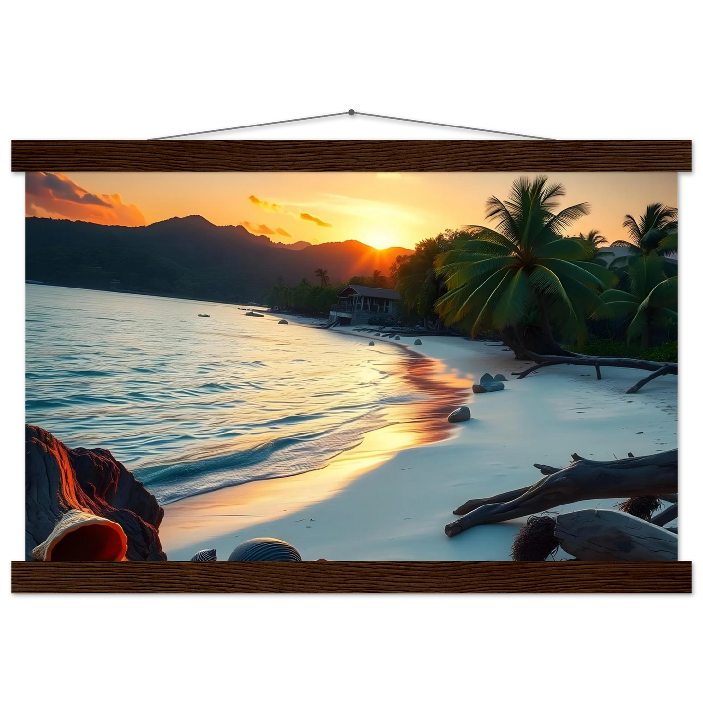 Framed tropical beach sunset scene poster with hanger for wall decor