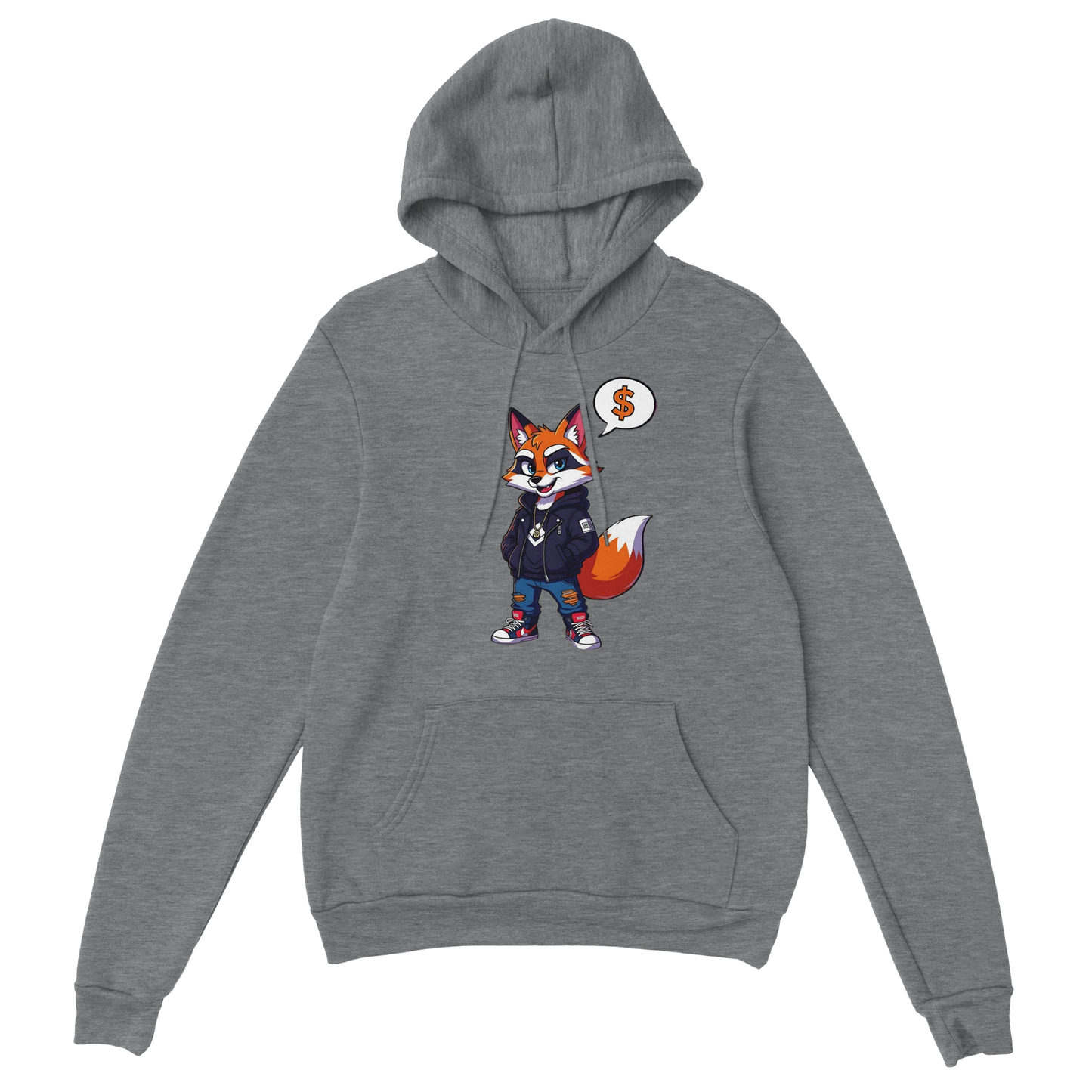 Gray hoodie with cartoon fox design from PixiOnyx Urban Comfort Street Hustle Fox collection