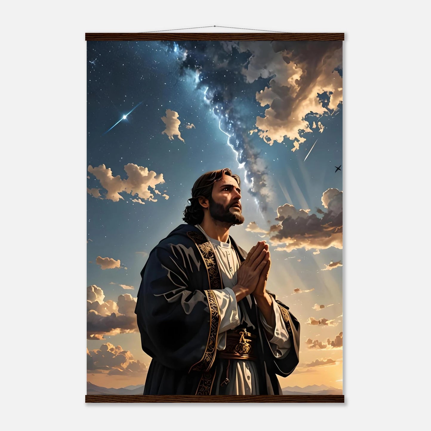 Religious wall hanging poster with hanger featuring Prayer to the Cosmos design by PixiOnyx