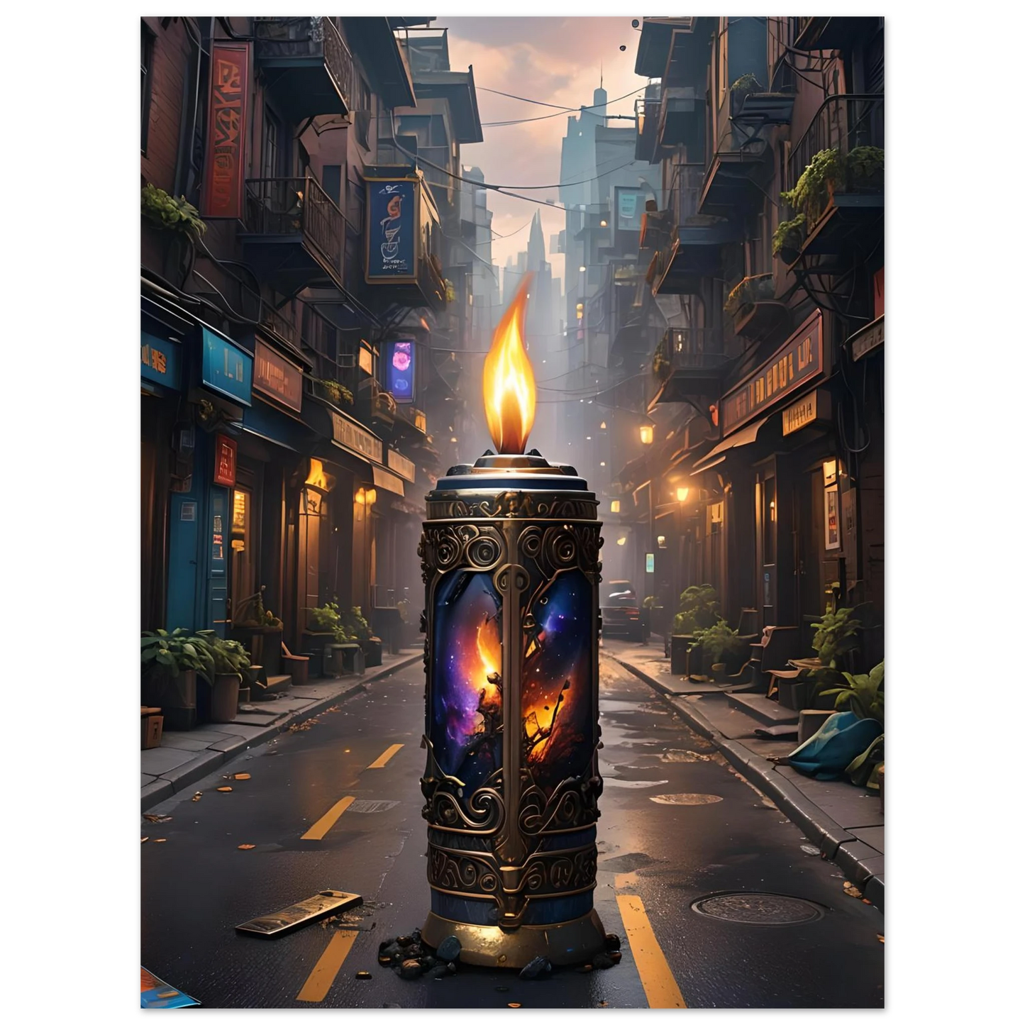 Ornate candle with cosmic imagery from Galactic Flame Fine Art Poster by PixiOnyx