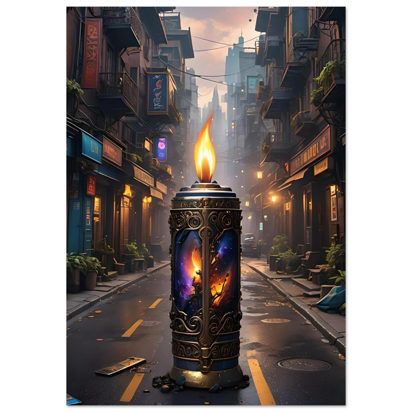 Ornate candle with cosmic imagery from Galactic Flame Fine Art Poster PixiOnyx Exclusive