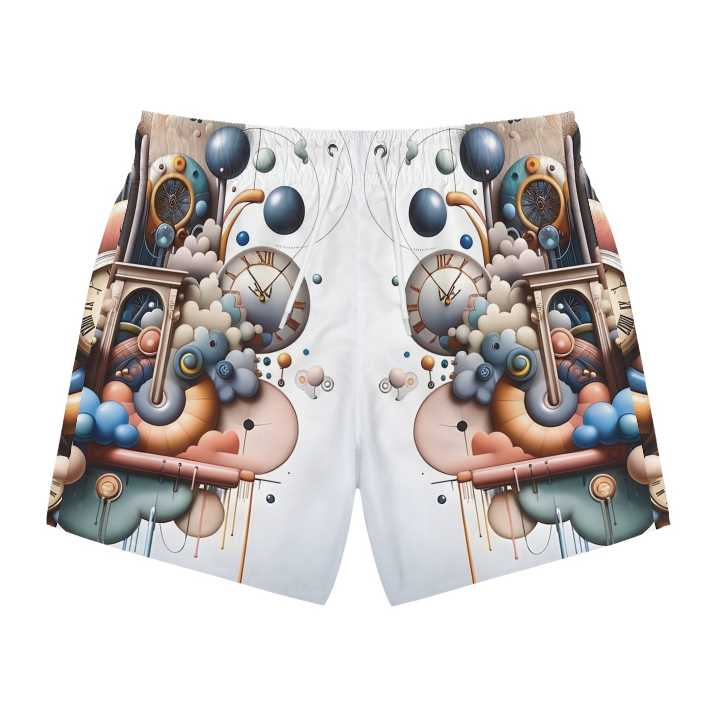 Cartoonish clock-themed swim trunks from PixiOnyx Beachwear’s Pastel Mechanica collection
