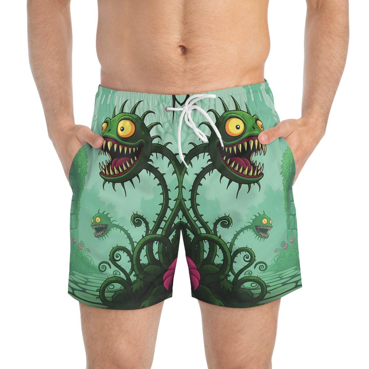 Men’s swim trunks with Cartoon Monster Plants design from Grinvine Grove PixiOnyx Naturewear