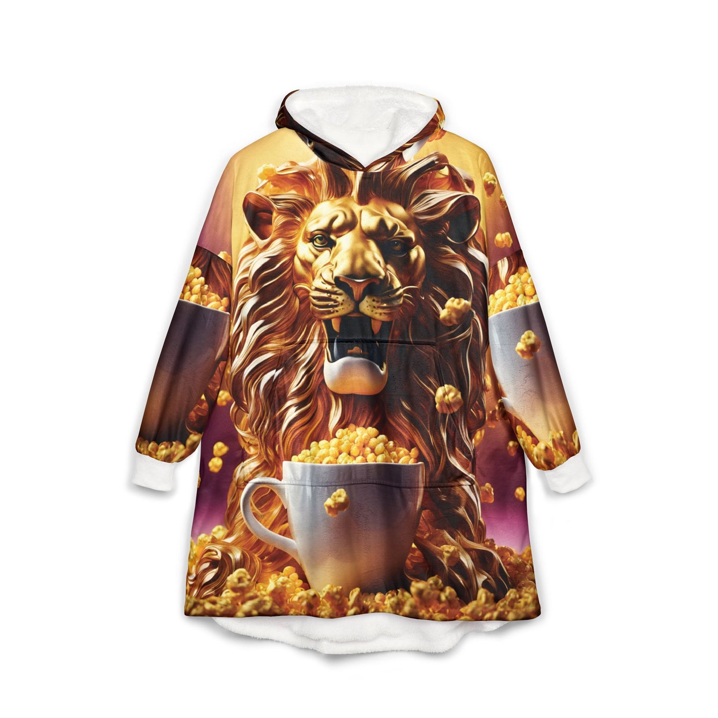 Hooded Blanket – Popcorn Lion | Regal Cozywear for Wild Souls by PixiOnyx - One size / White - All Over Prints