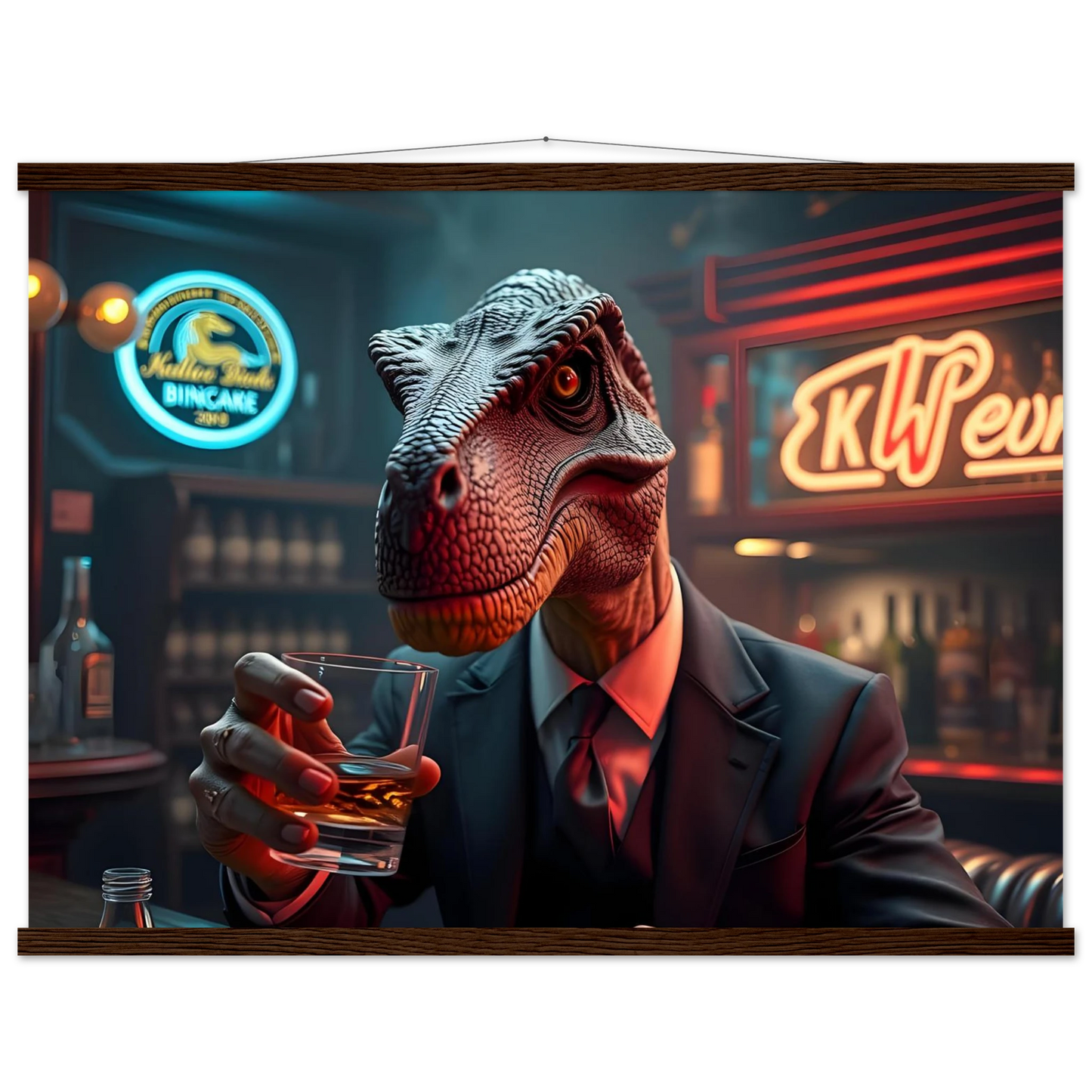 Dinosaur in a suit drinking whiskey on PixiOnyx hanging poster for After Hours Instincts