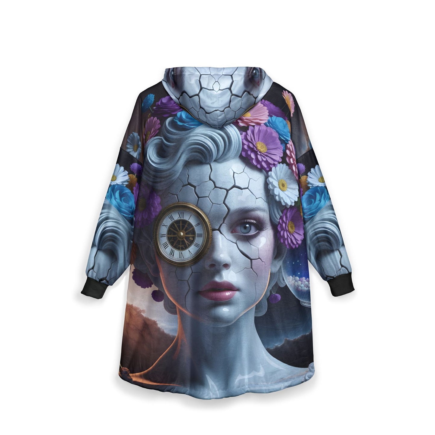 Hooded Blanket – Fractured Time | Surreal Floral Art Cozywear by PixiOnyx - One size / Black - All Over Prints