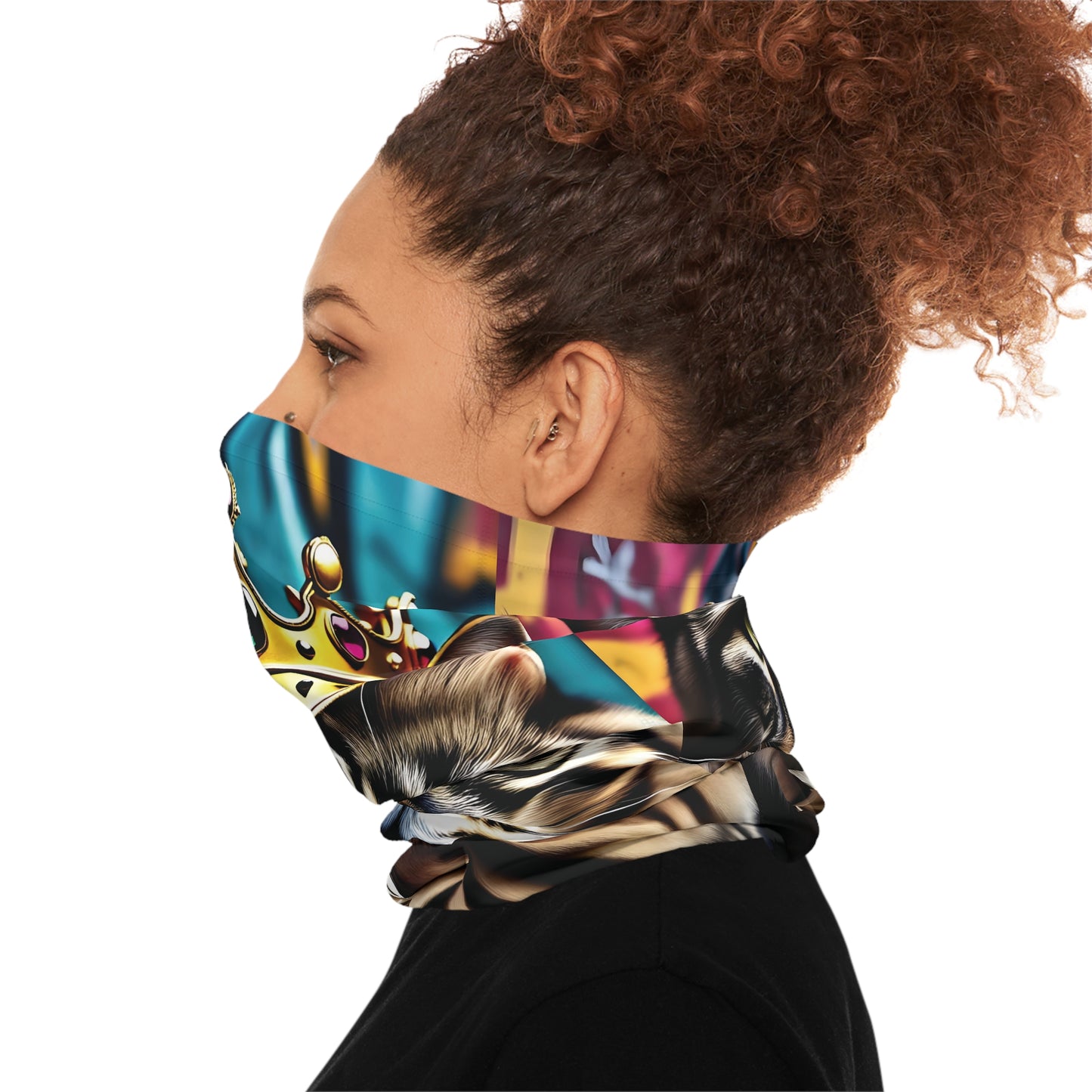 Face and neck covering featuring a Cat with Crown for PixiOnyx Urban Regal Wrap