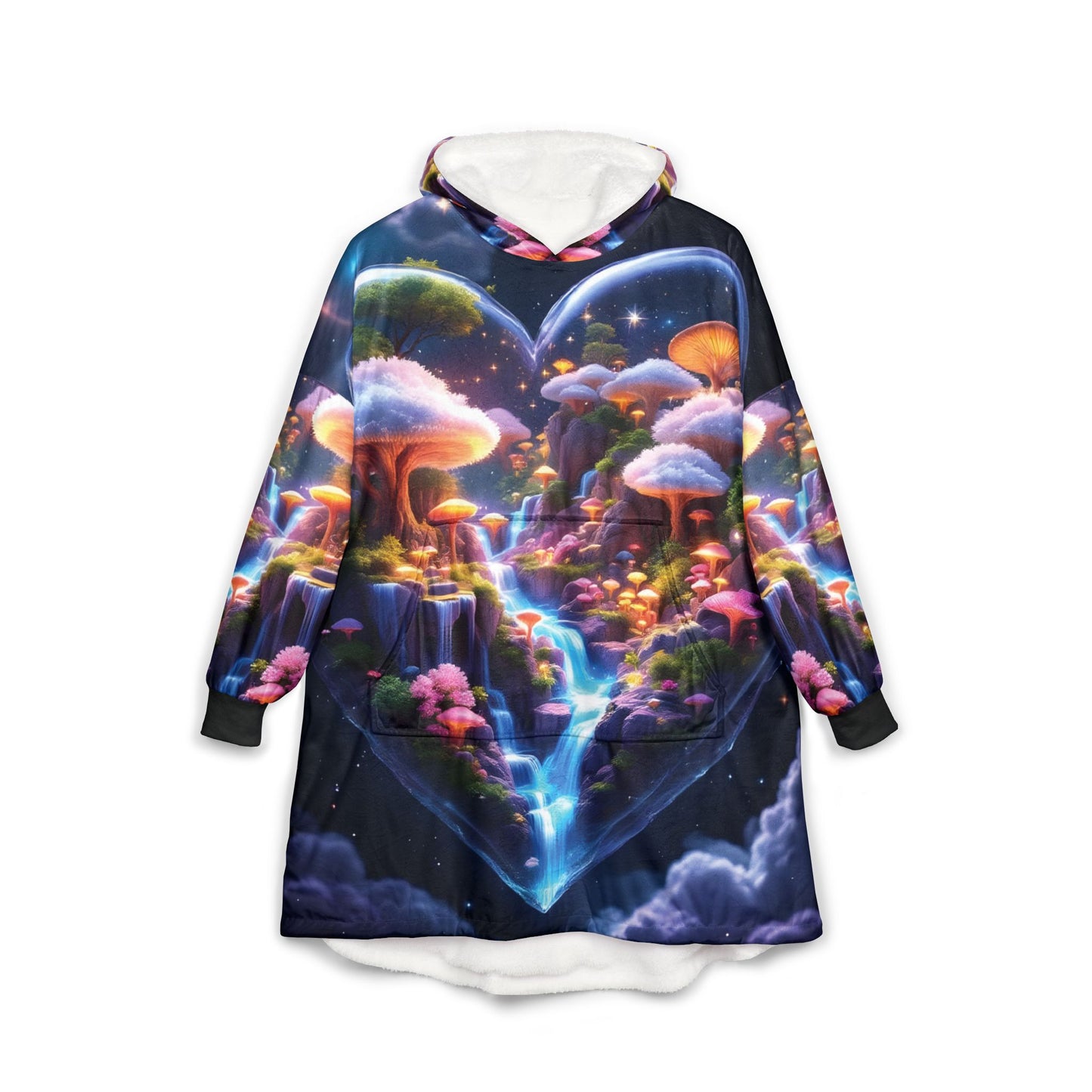 Hooded Blanket – Cosmic Heart | Psychedelic Galaxy Mushrooms & Nebula by PixiOnyx - One size / Black - All Over Prints