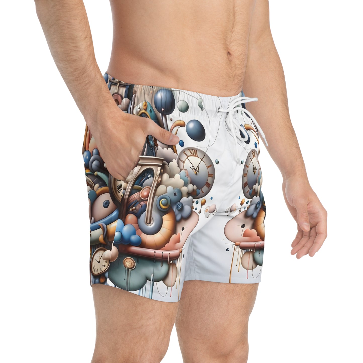 Men’s whimsical clockwork swim trunks from PixiOnyx Beachwear for surreal summer style