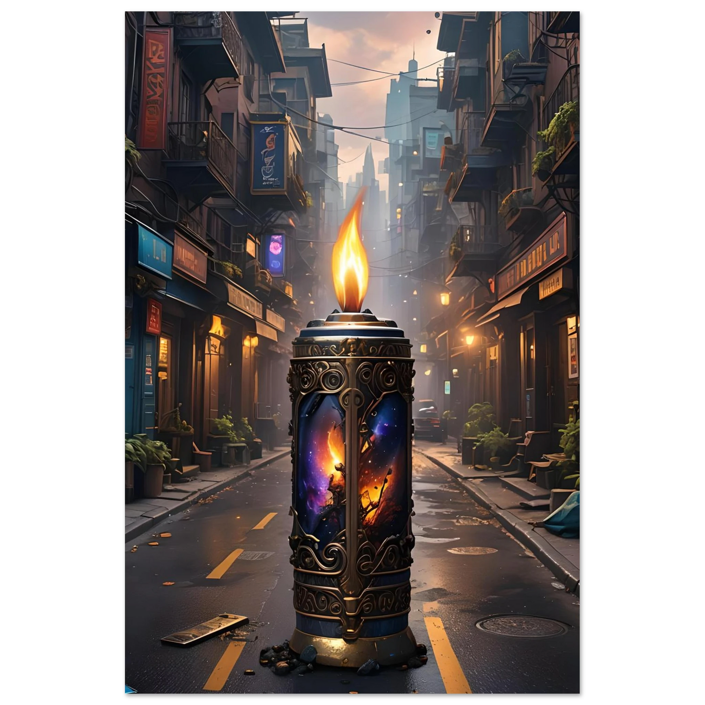 Ornate candle featuring cosmic imagery from Galactic Flame Fine Art Poster PixiOnyx Exclusive