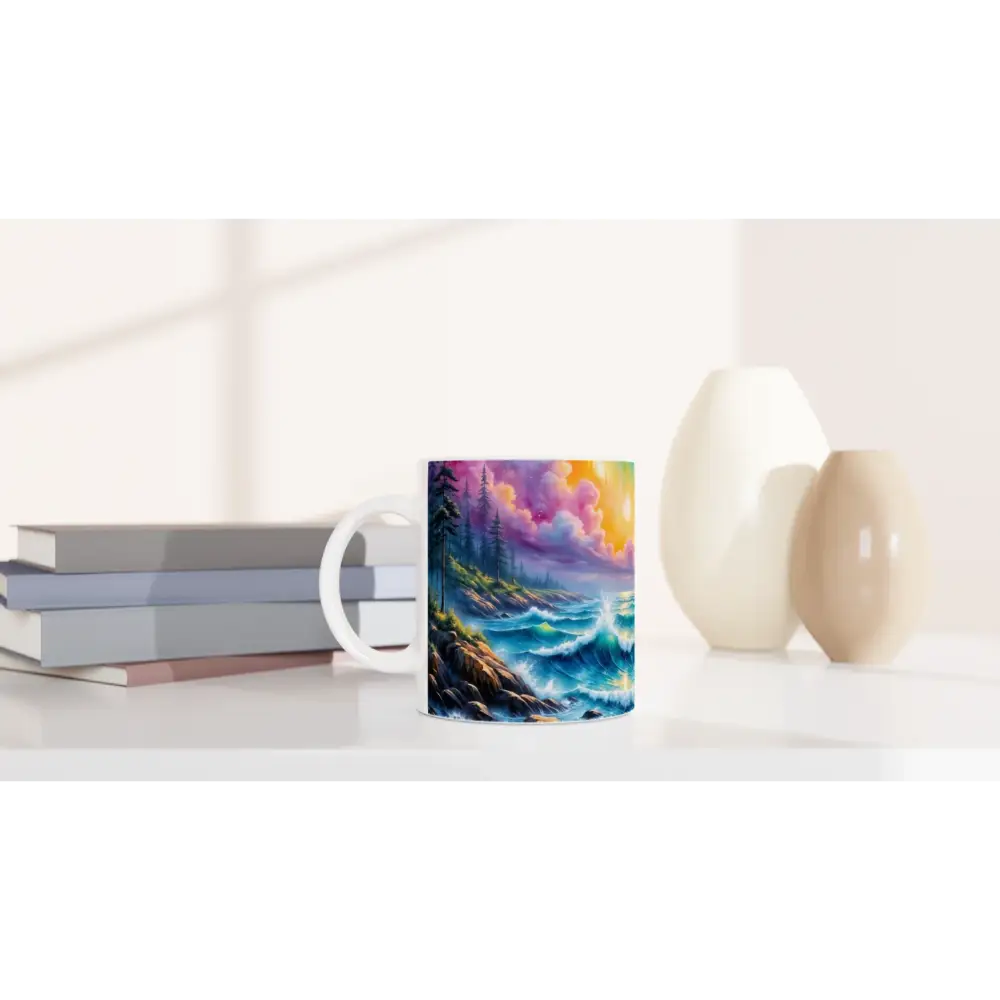 White ceramic mug with colorful coastal landscape design for 11oz ceramic mug collection