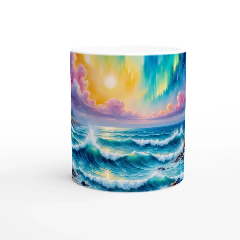 White ceramic mug with vibrant ocean and sky painting, 11oz ceramic mug design