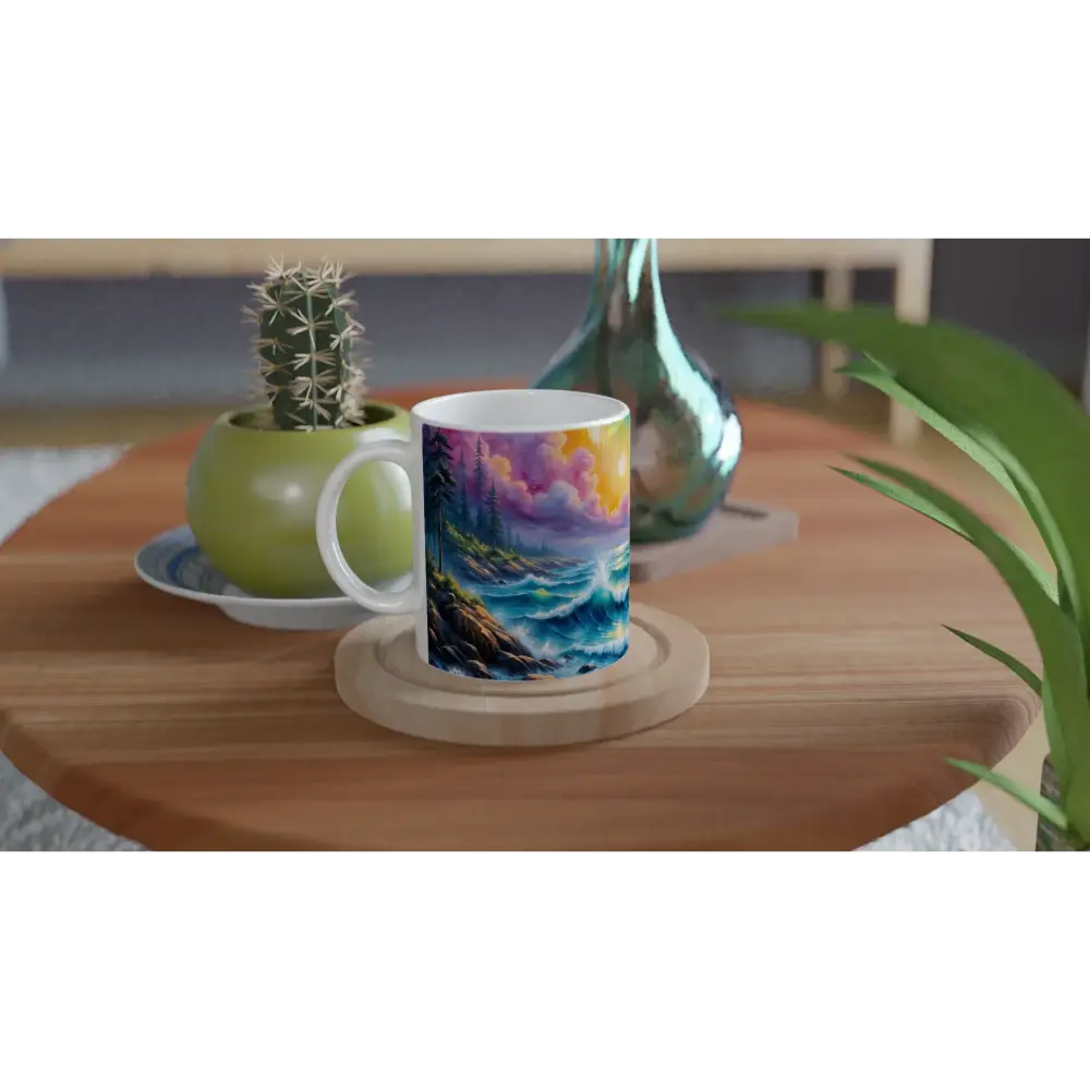 White ceramic mug with vibrant seascape design, 11oz ceramic mug, PixiOnyx Dreamscape