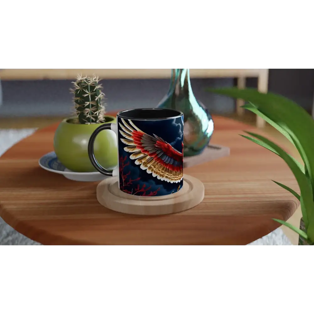 Black 11oz ceramic mug with colorful wing design from PixiOnyx Crimson Wings collection