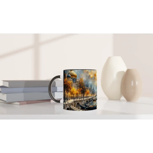 Black ceramic mug with colorful painted autumn cityscape, an elegant everyday companion