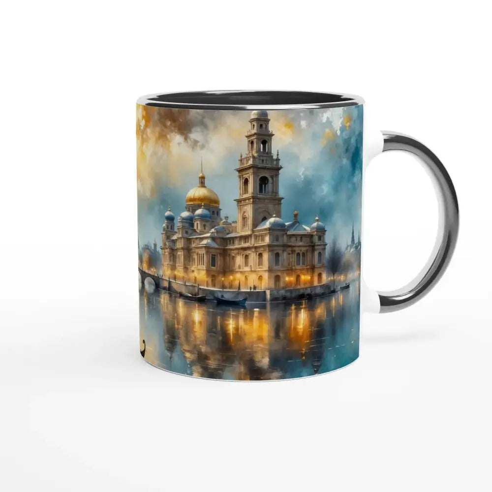Ceramic mug with impressionistic European waterfront scene and dreamy reflections adorn