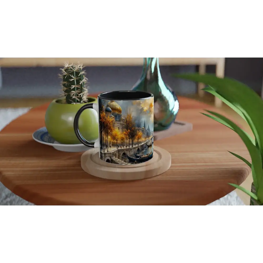 Black ceramic mug with colorful painted landscape, dreamy reflections adorn, elegant everyday companion