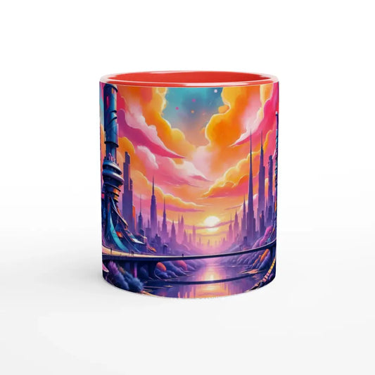 11oz ceramic mug with futuristic city sunset landscape and vibrant orange-red interior