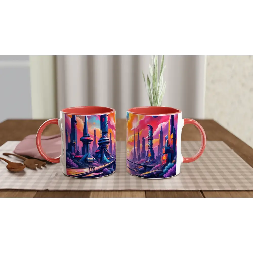 Vibrant cityscape 11oz ceramic mug with red interior and handle for modern coffee lovers