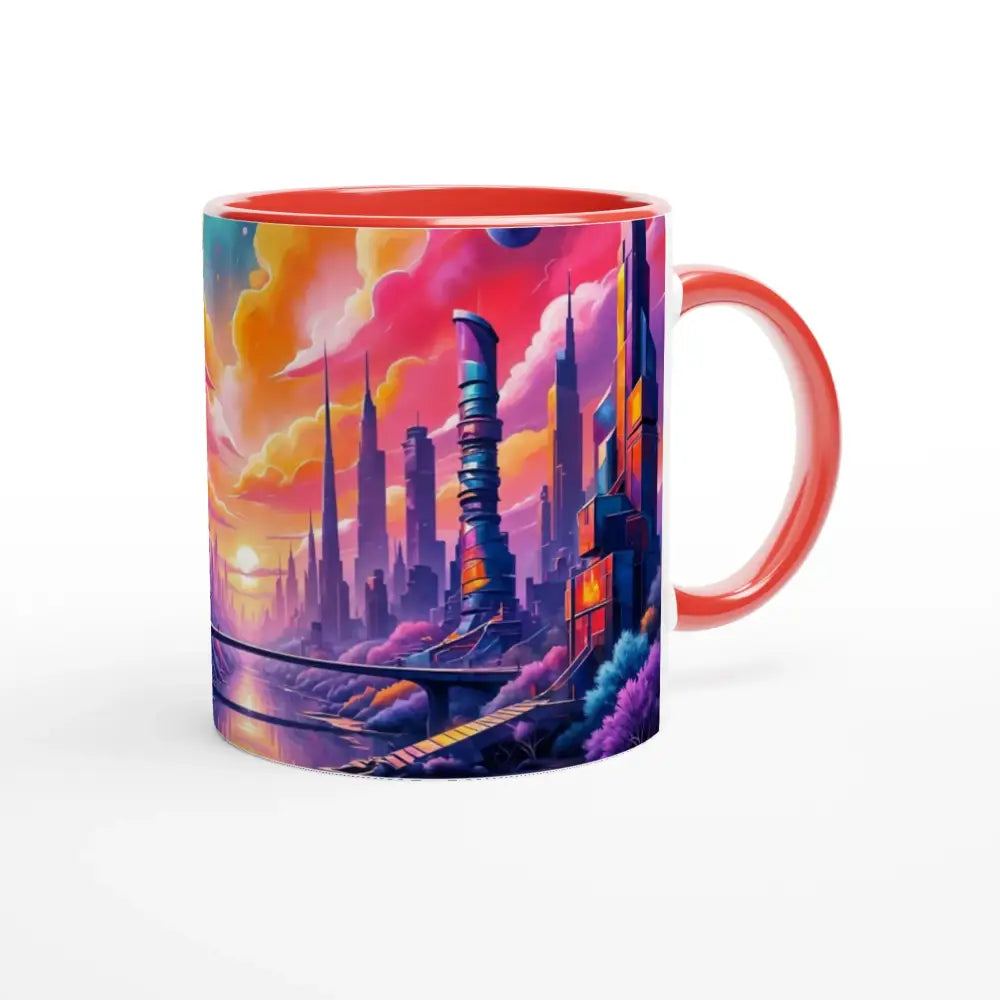 White ceramic mug with vibrant futuristic city scene, red handle, and interior