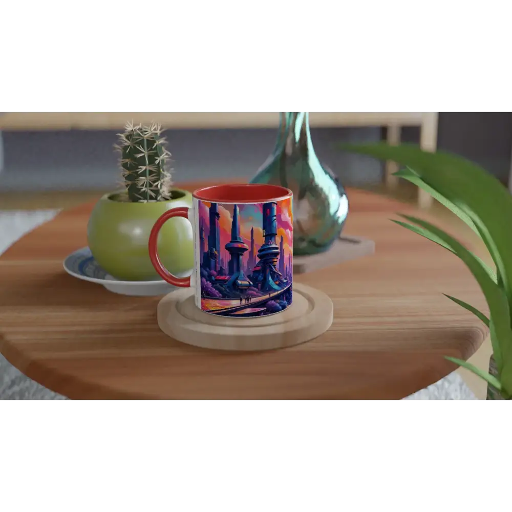 11oz ceramic mug with futuristic city illustration and red handle from PixiOnyx Neon Dawn