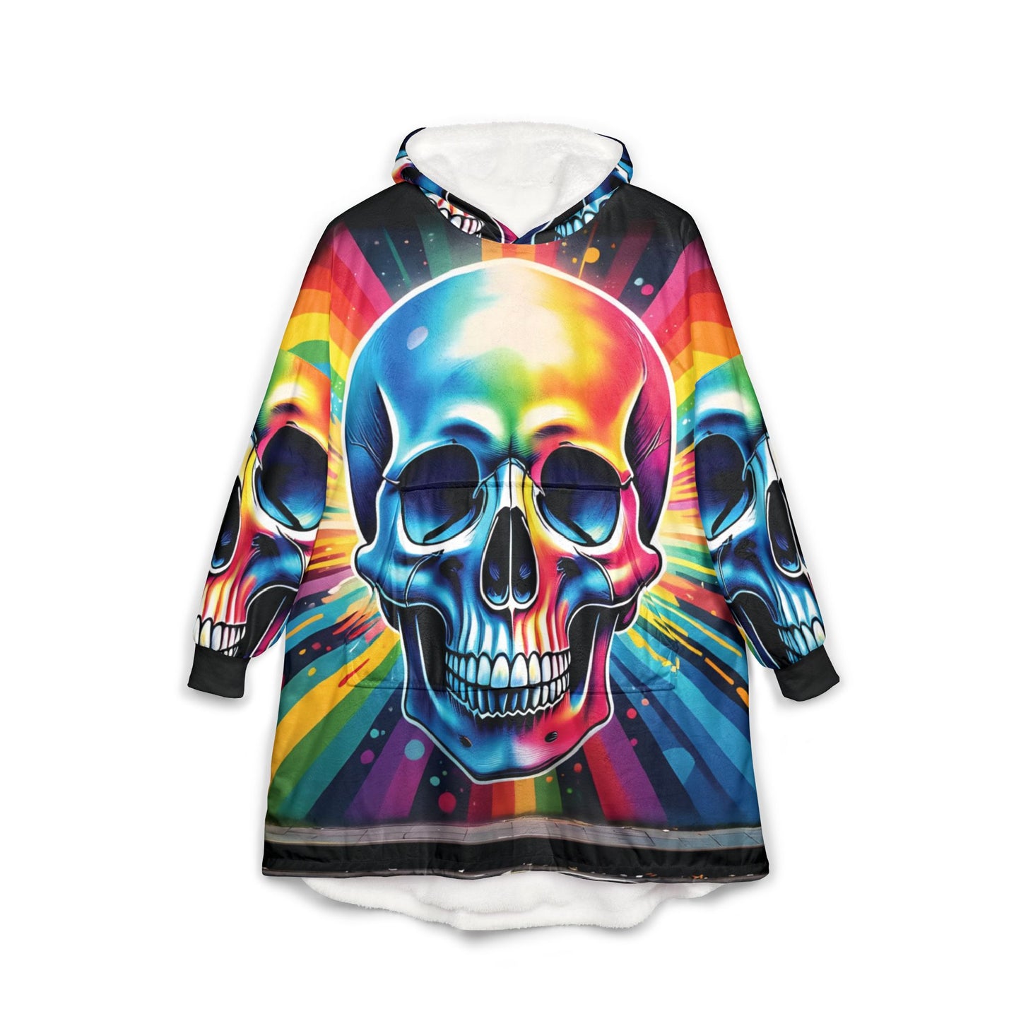 Hooded Blanket – Colorwarp Skull | Psychedelic Cozywear by PixiOnyx - One size / Black - All Over Prints