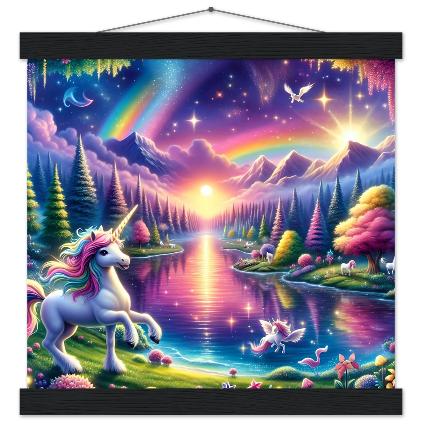 Fantasy unicorn landscape wall hanging poster with magnetic frame from PixiOnyx Exclusive