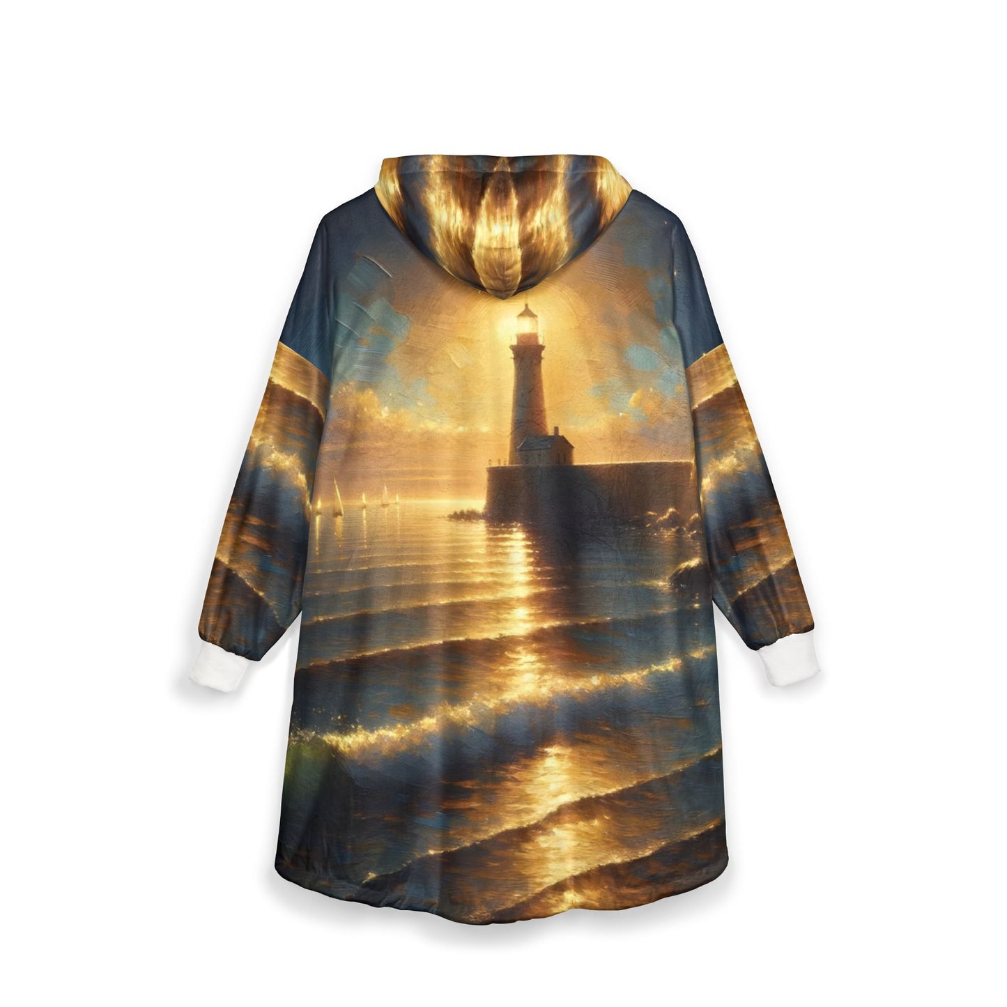 Hooded Blanket – Beacon of the Quiet Tide | Coastal Lighthouse Art Fleece by PixiOnyx - All Over Prints