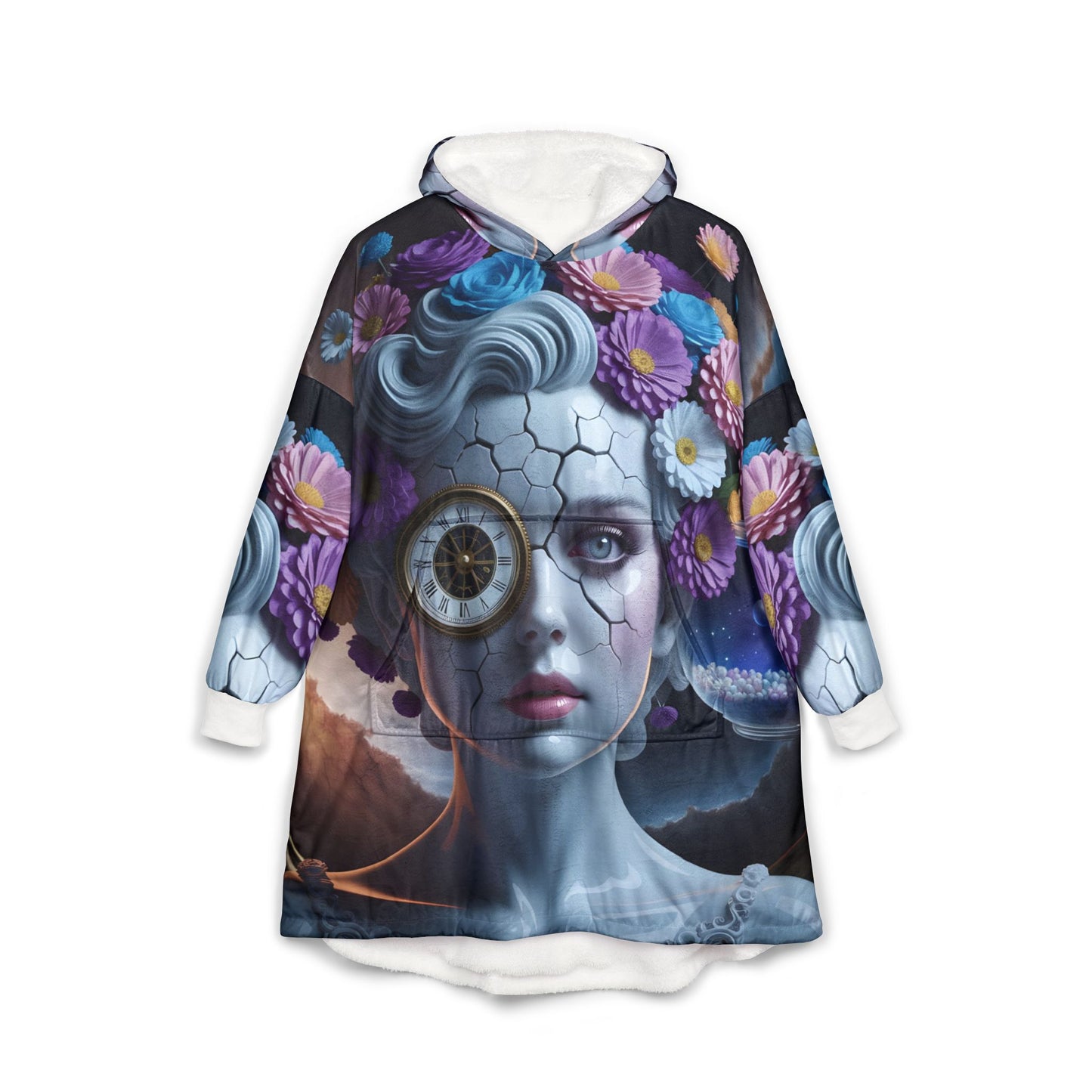Hooded Blanket – Fractured Time | Surreal Floral Art Cozywear by PixiOnyx - One size / White - All Over Prints