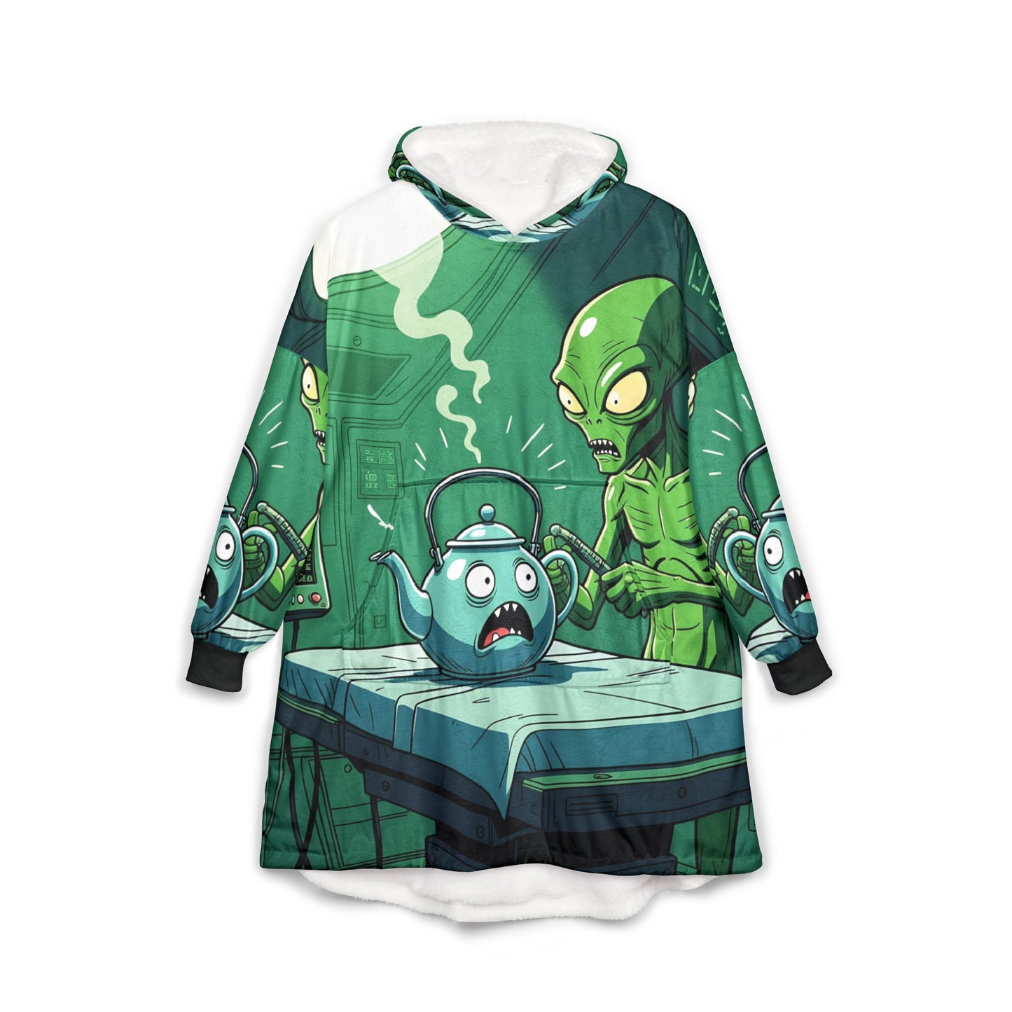 Hooded Blanket – Probe Protocol | Alien Tea Party Sci-Fi Cozywear by PixiOnyx - One size / Black - All Over Prints