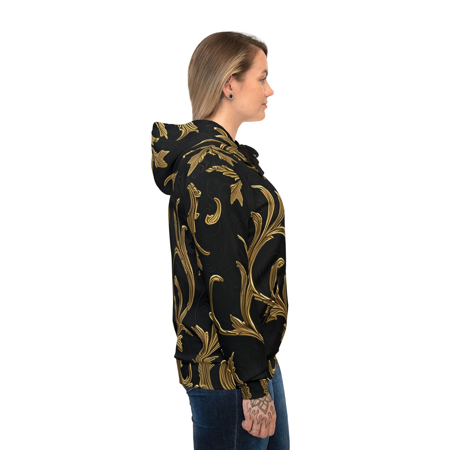 Black and gold patterned Gilded Veil Hoodie with elegant Baroque design on Black fabric
