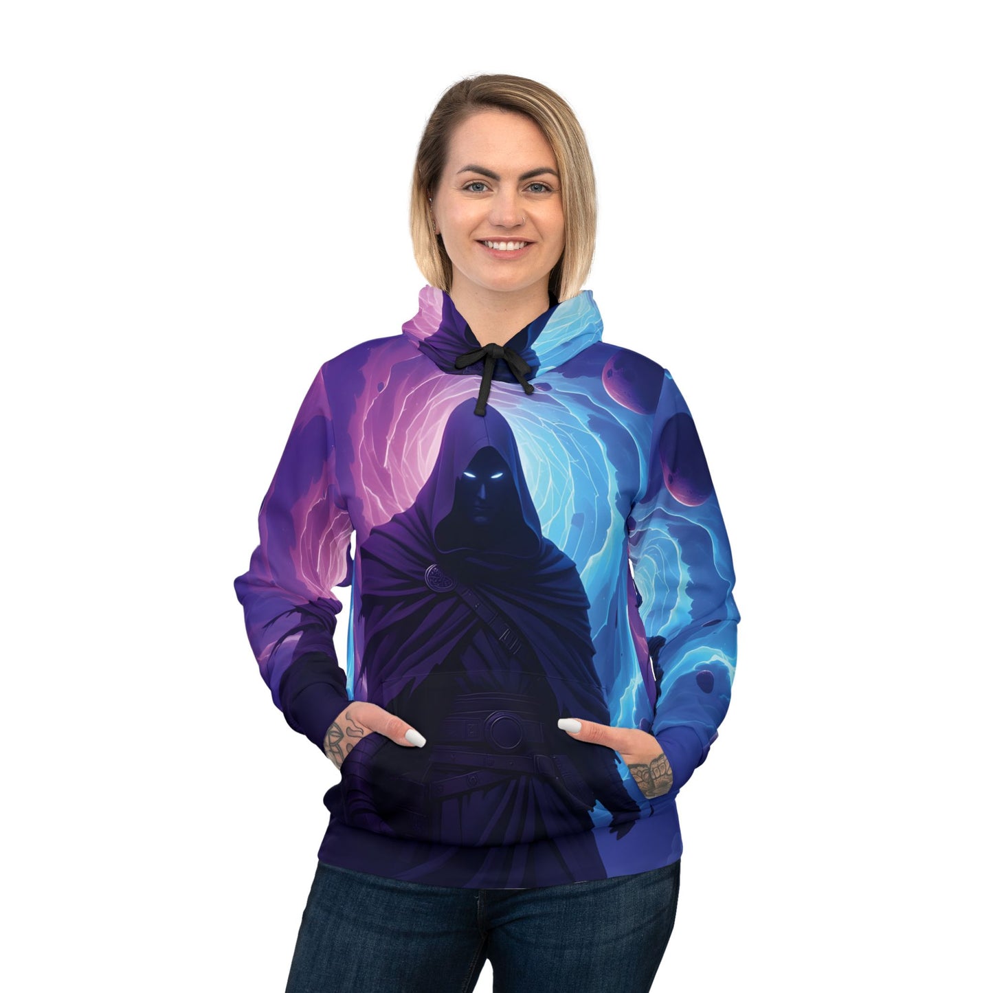 Woman wearingVoidwalker Athletic Hoodie with a dark cloaked figure cosmic design