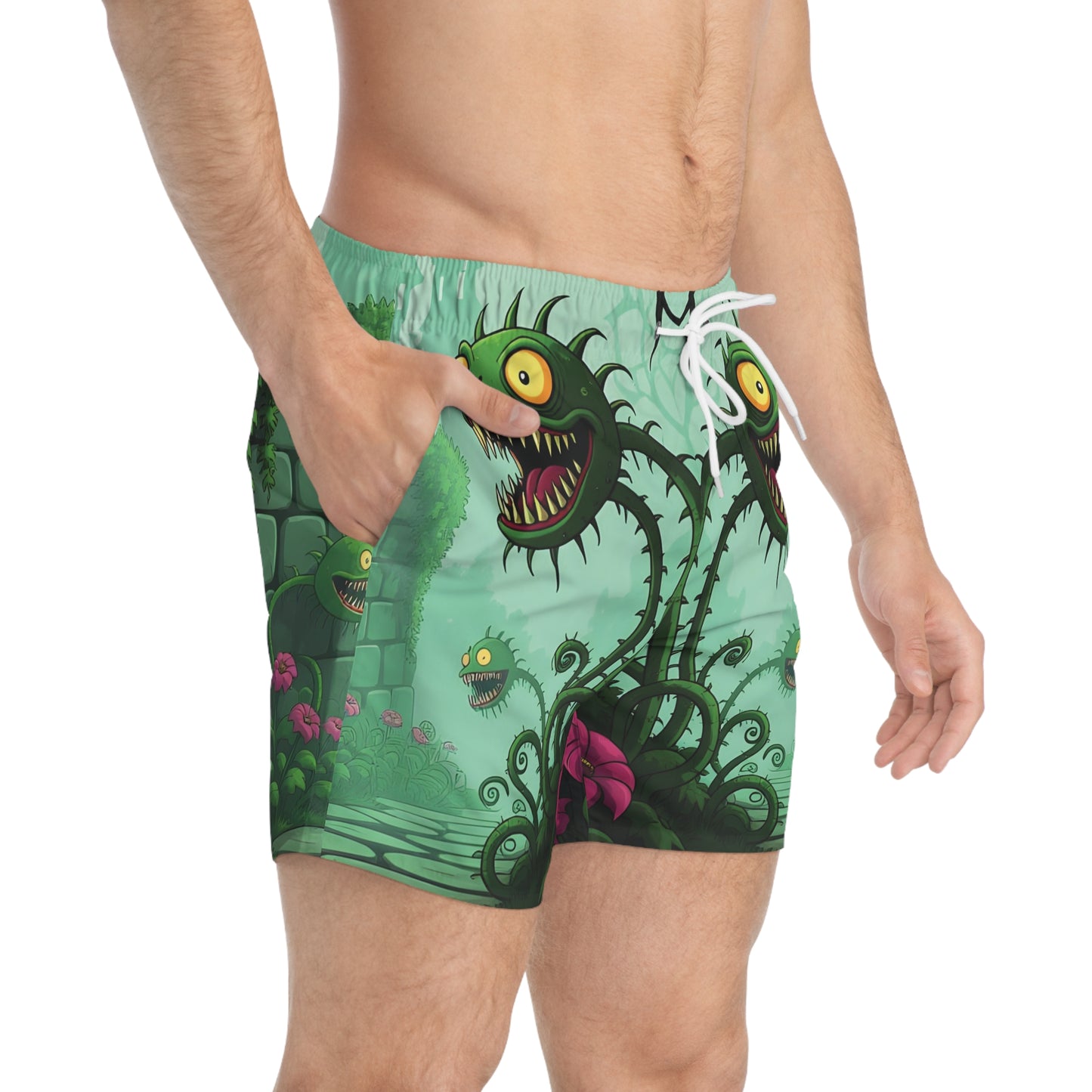 Men’s swim trunks featuring cartoon monster plant design from Grinvine Grove PixiOnyx Surreal Fantasy Naturewear