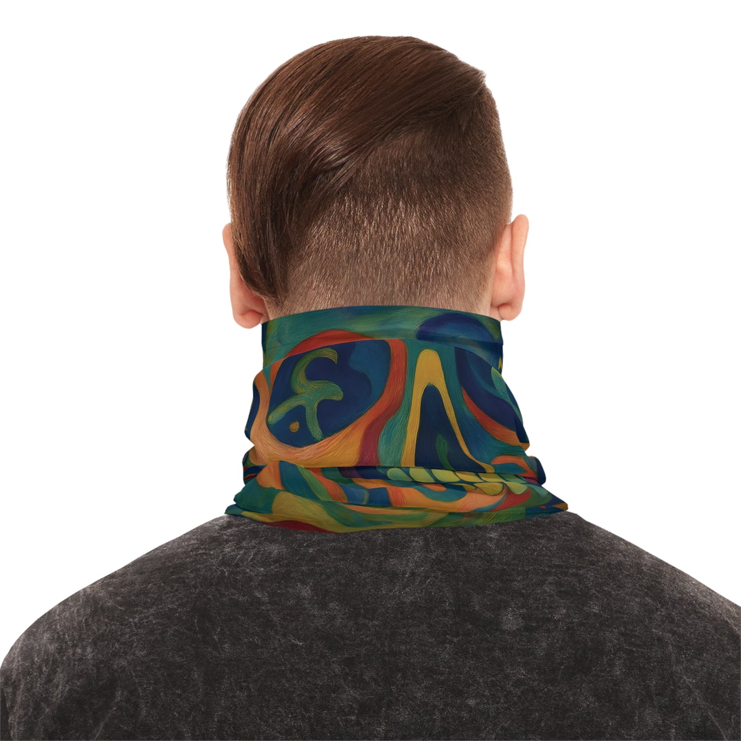 Colorful patterned neck gaiter with psychedelic skull design from PixiOnyx Psychedelic Skull Wrap