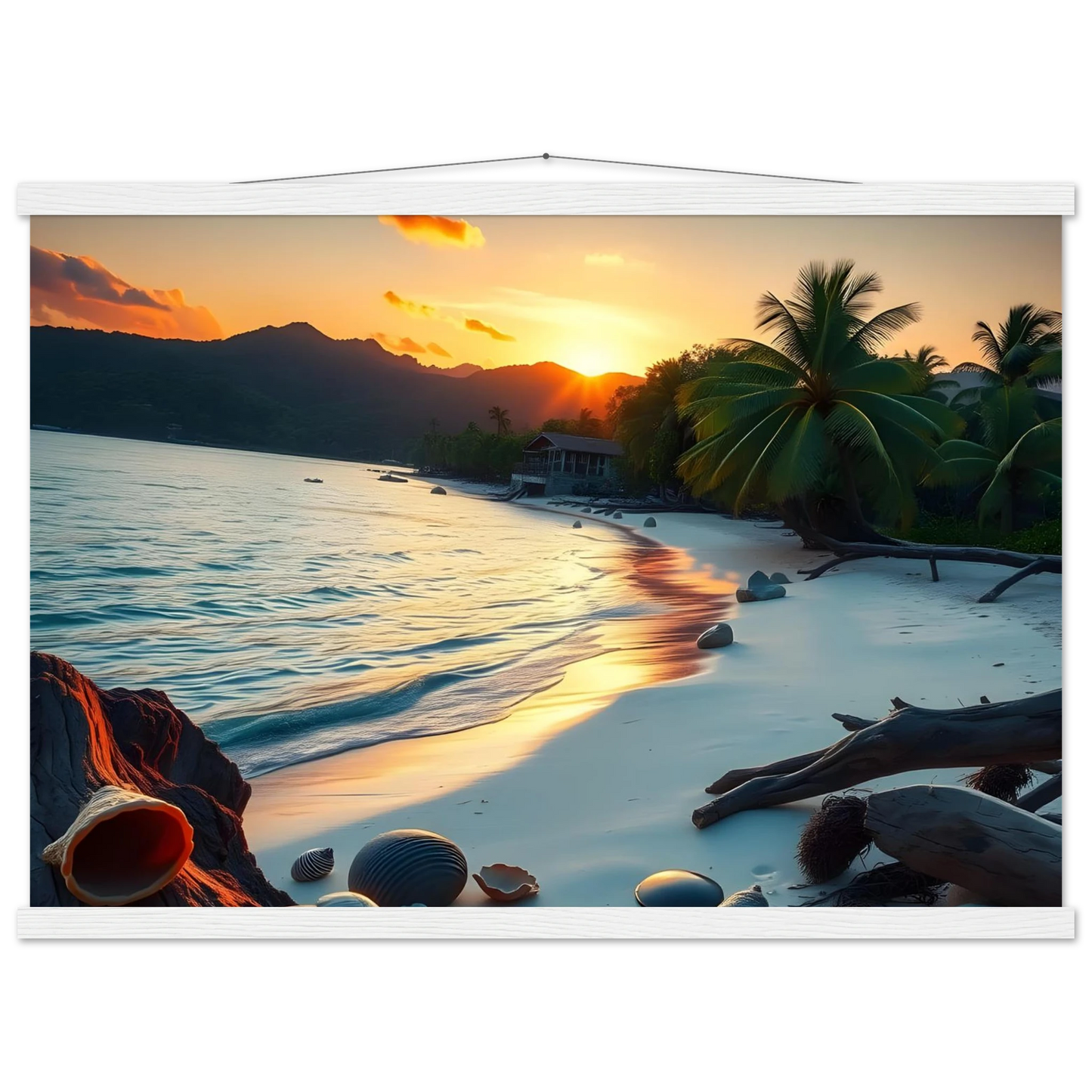 Beach sunset painting on Tropical Beach Poster with Hanger for tropical wall decor