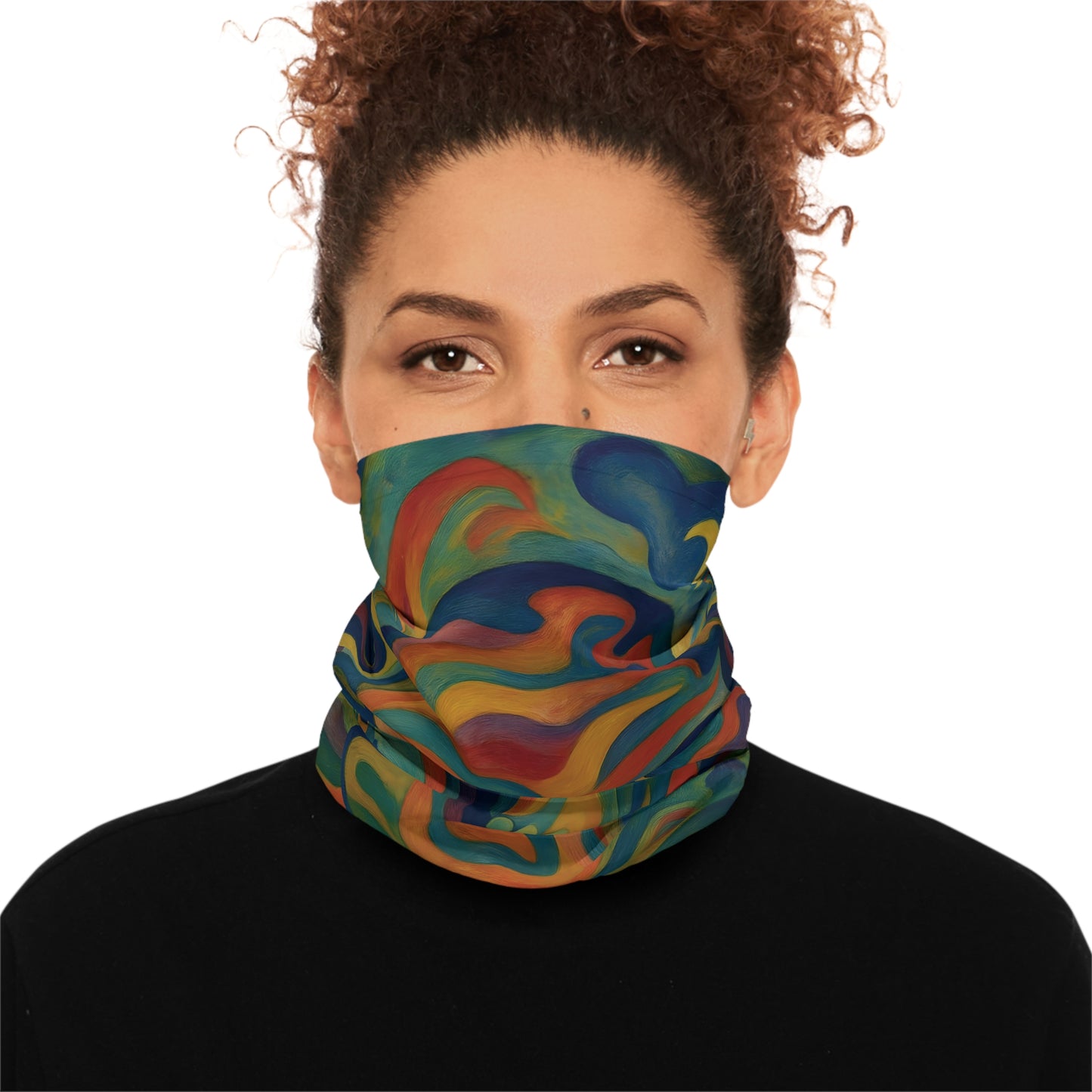 Colorful patterned neck gaiter with psychedelic skull design from PixiOnyx Craniocolor collection
