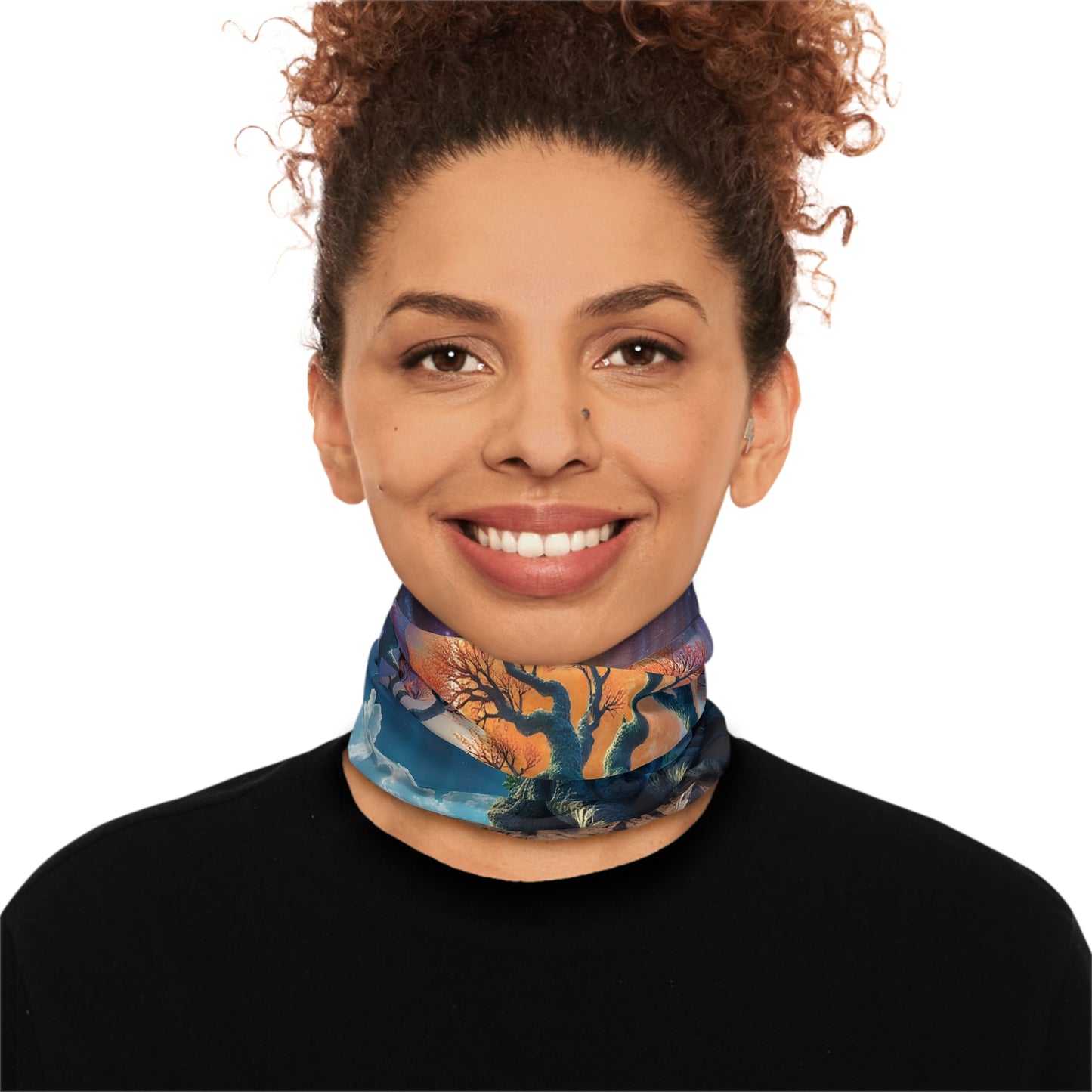 Woman wearing a patterned lightweight neck gaiter featuring Tree of Light design by PixiOnyx