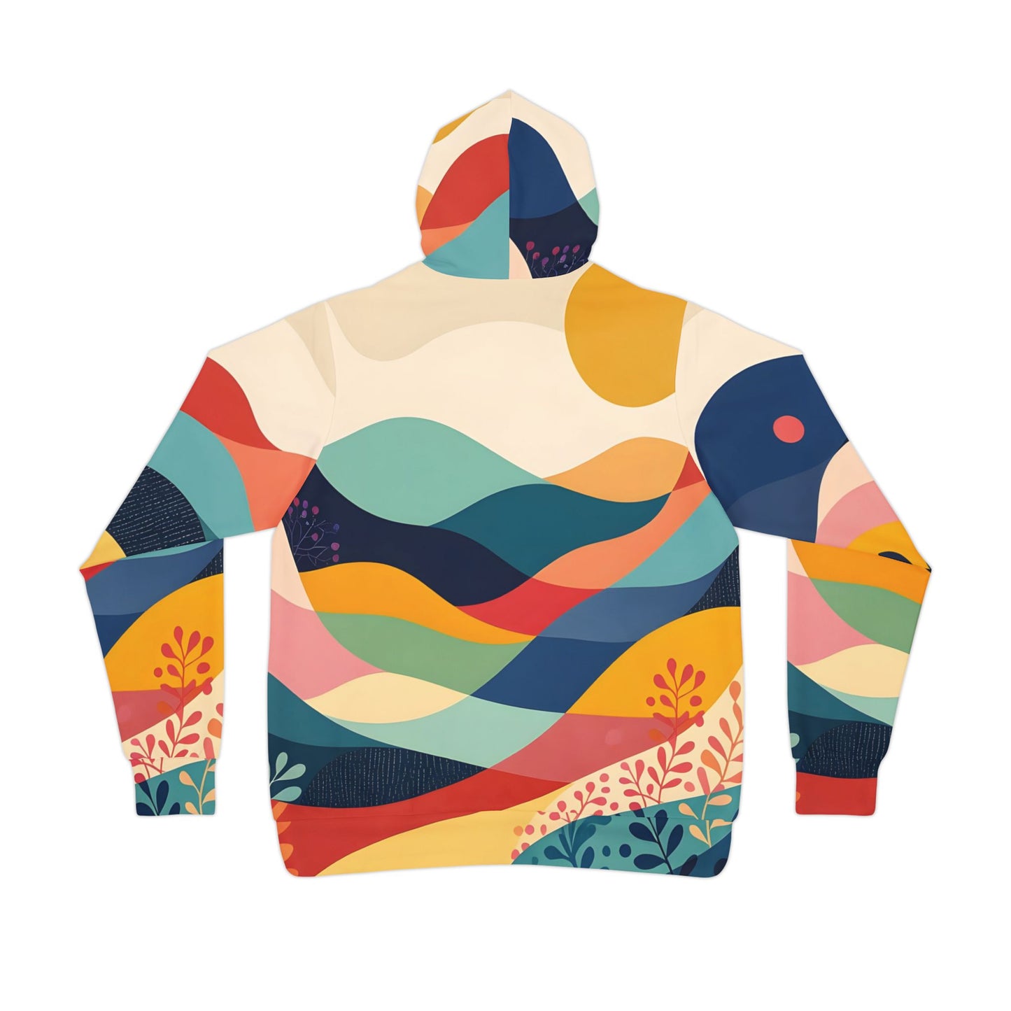 Colorful landscape hoodie with abstract nature print from Sunset Grove AOP Hoodie collection