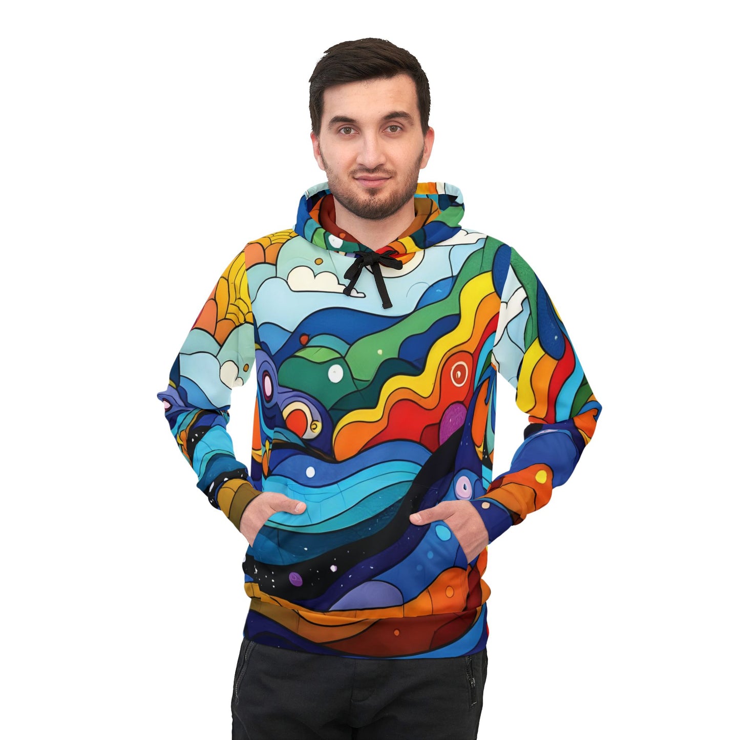 Colorful patterned hoodie from PixiOnyx Spectrum Collection featuring abstract psychedelic design