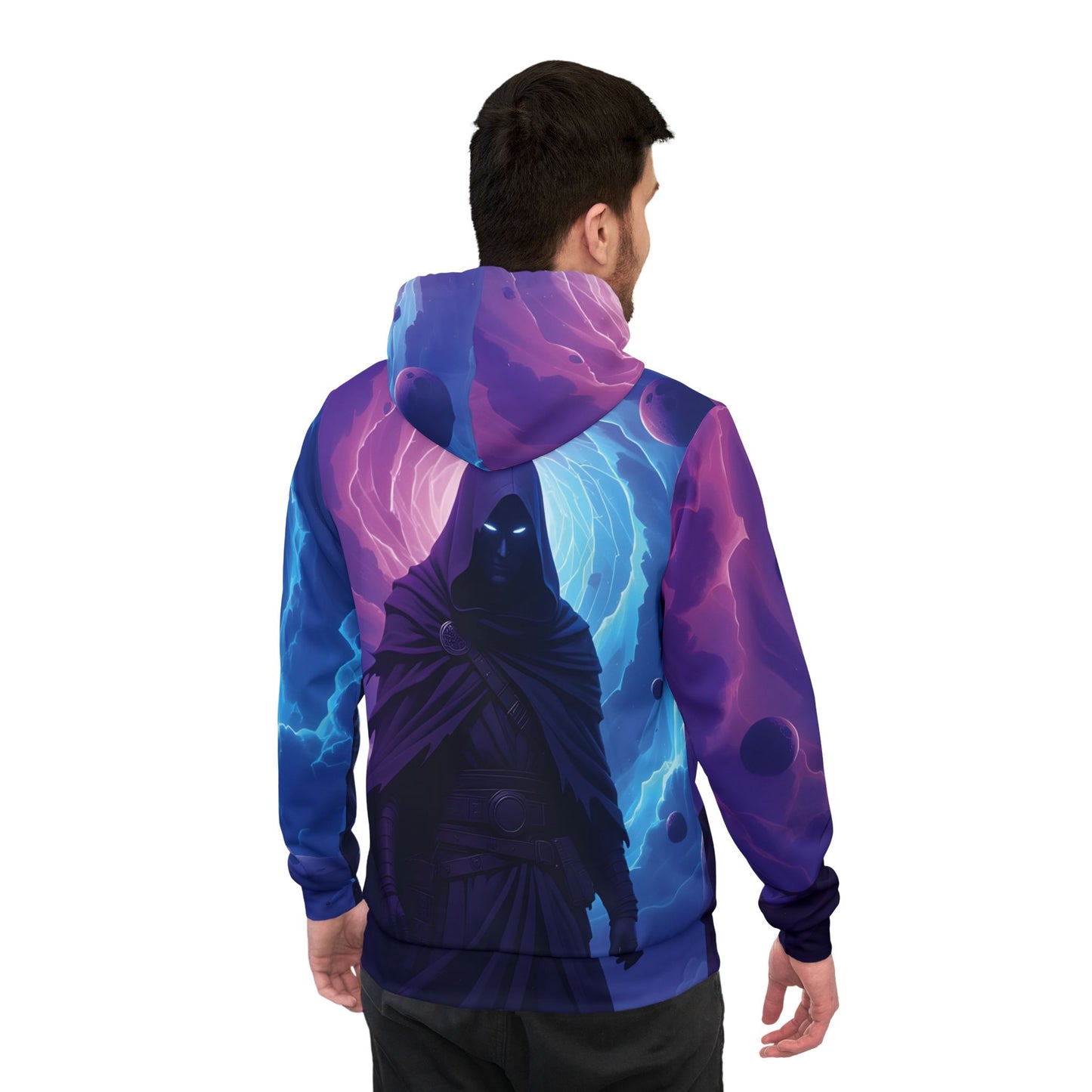 Voidwalker Athletic Hoodie with dark cosmic figure design for festivals and streetwear
