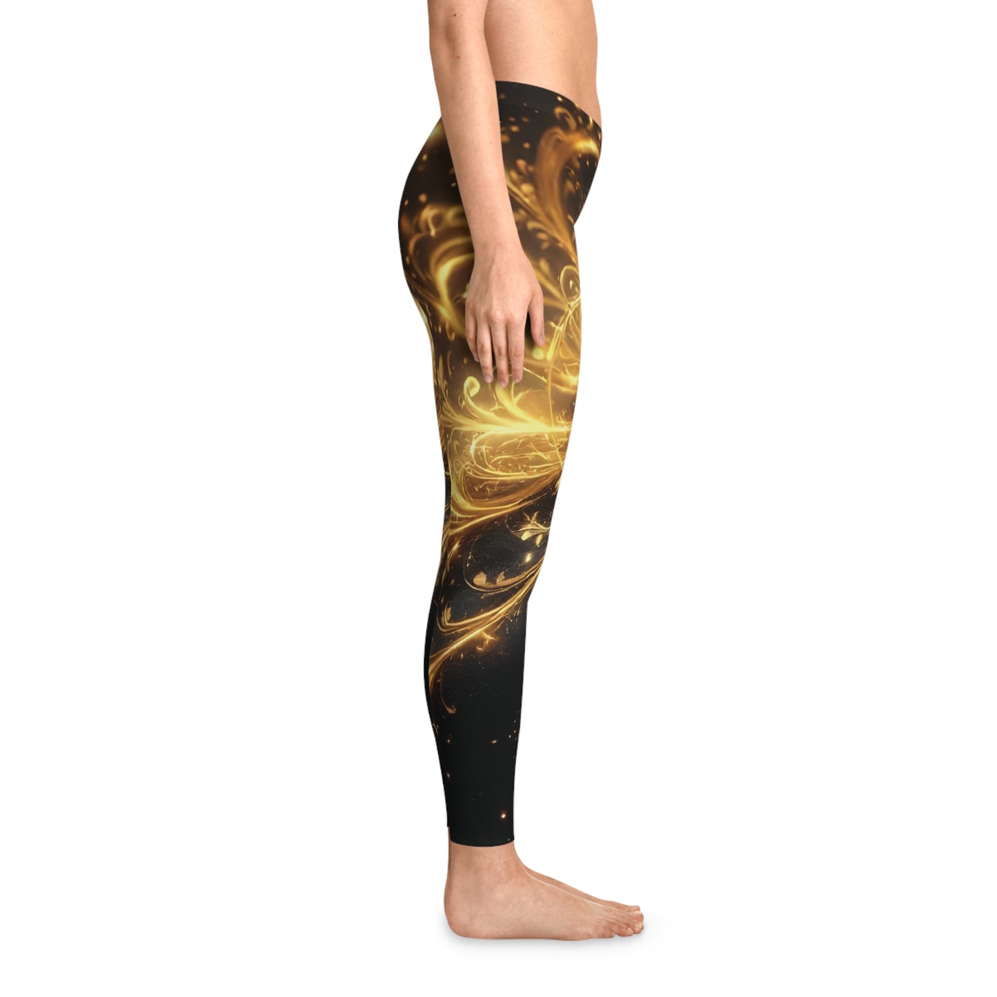 Black leggings with golden floral baroque swirl design from PixiOnyx Luxe AOP collection